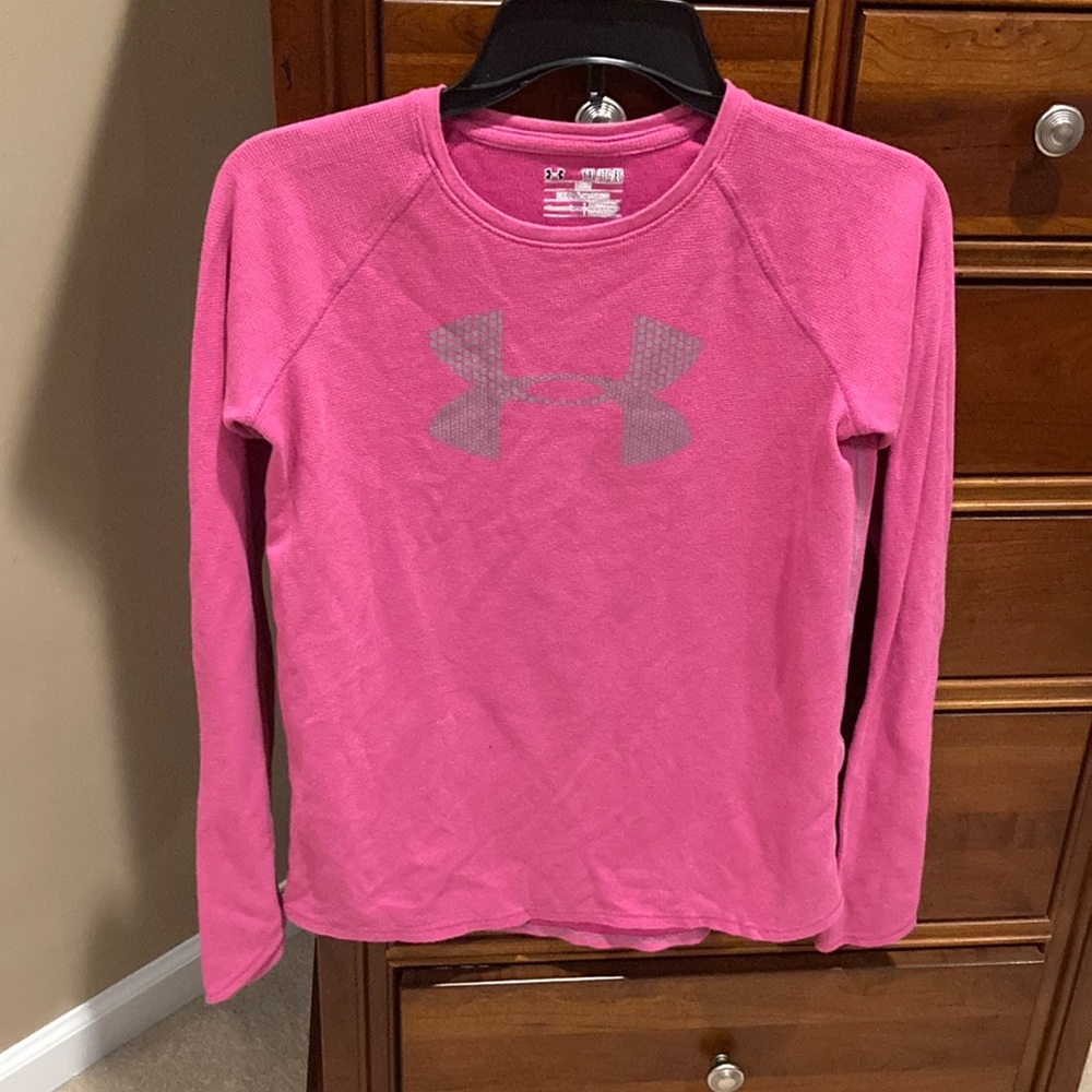 UnderArmour girls long sleeve shirt, pink, grey UAsymbol, youth XL, loosefit
